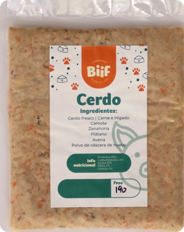 Receta de cerdo fresco Biif: comida natural para perros con plátano, zanahoria y espinaca