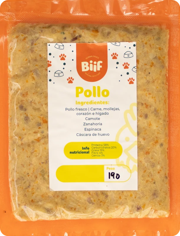Receta de pollo fresco Biif: comida natural para perros con camote, espinaca y zanahoria
