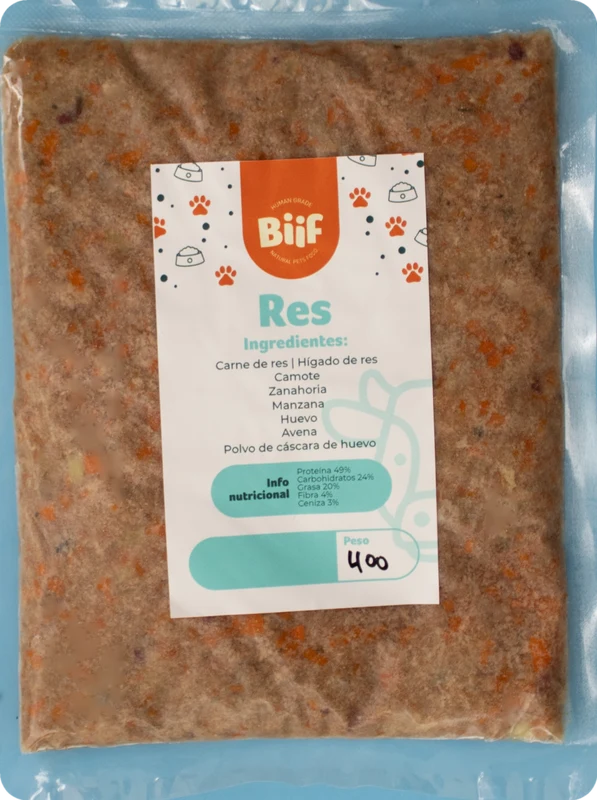 Receta de res fresca Biif: comida natural para perros con camote, manzana y zanahoria